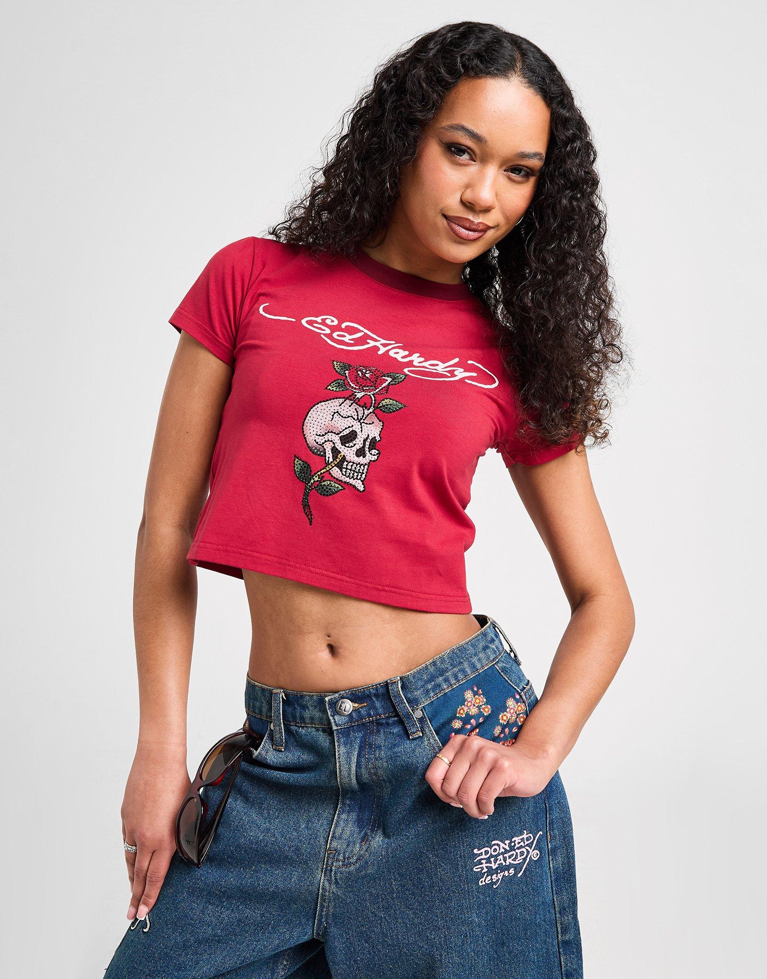 Ed Hardy Skull Diamante Ringer T-Shirt