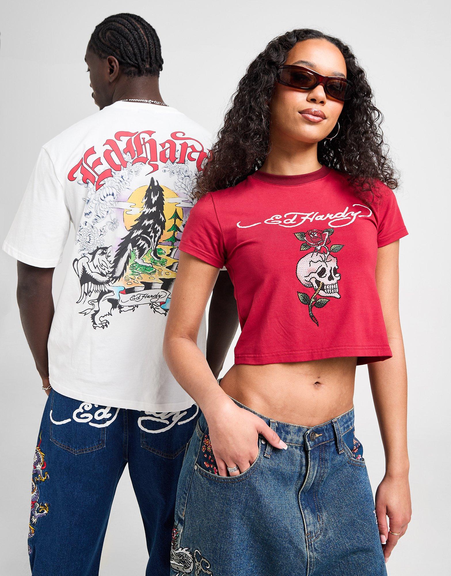 Ed Hardy Skull Diamante Ringer T-Shirt