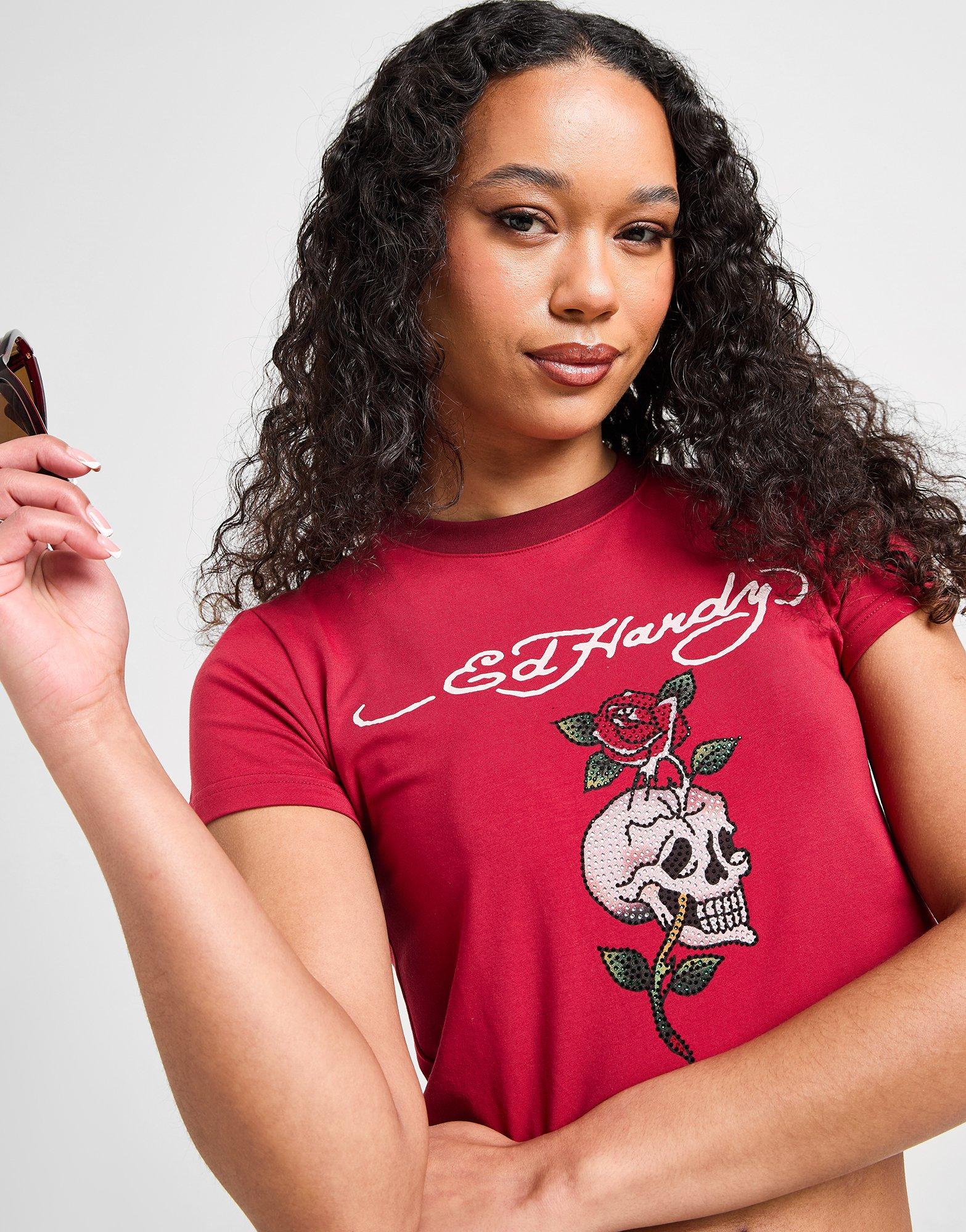 Ed Hardy Skull Diamante Ringer T-Shirt