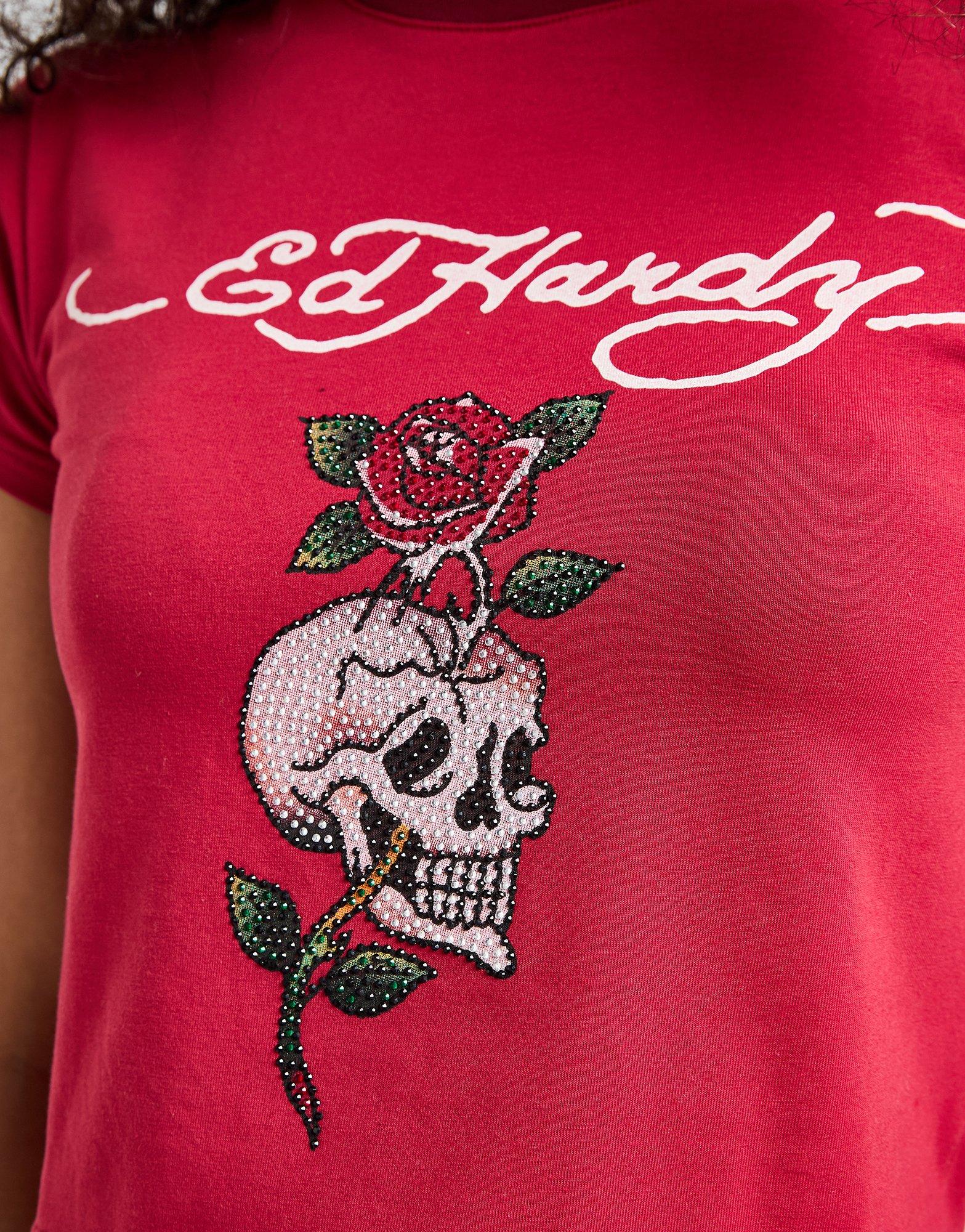 Ed Hardy Skull Diamante Ringer T-Shirt