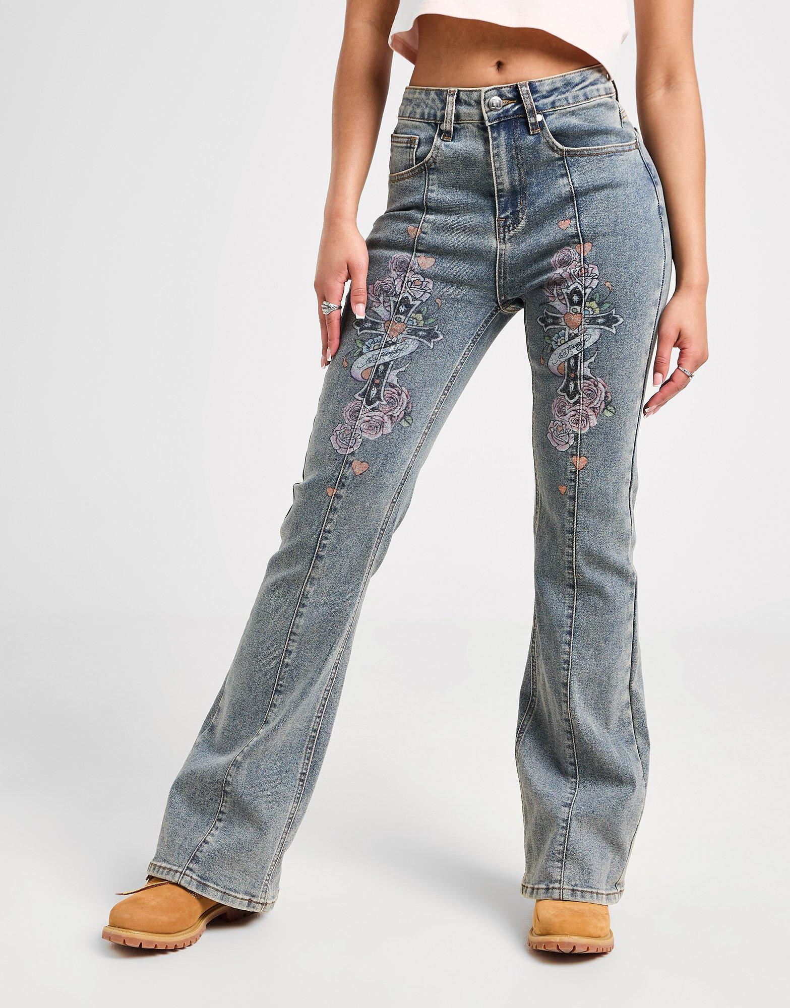 Ed Hardy Floral Cross Flare Jeans