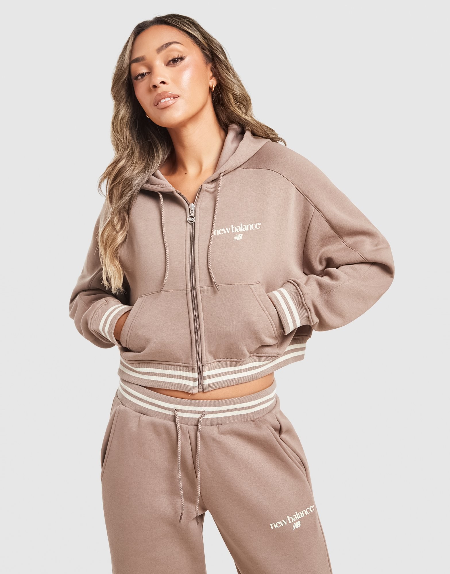 New Balance Cropped Ribbed Full-Zip Hoodie