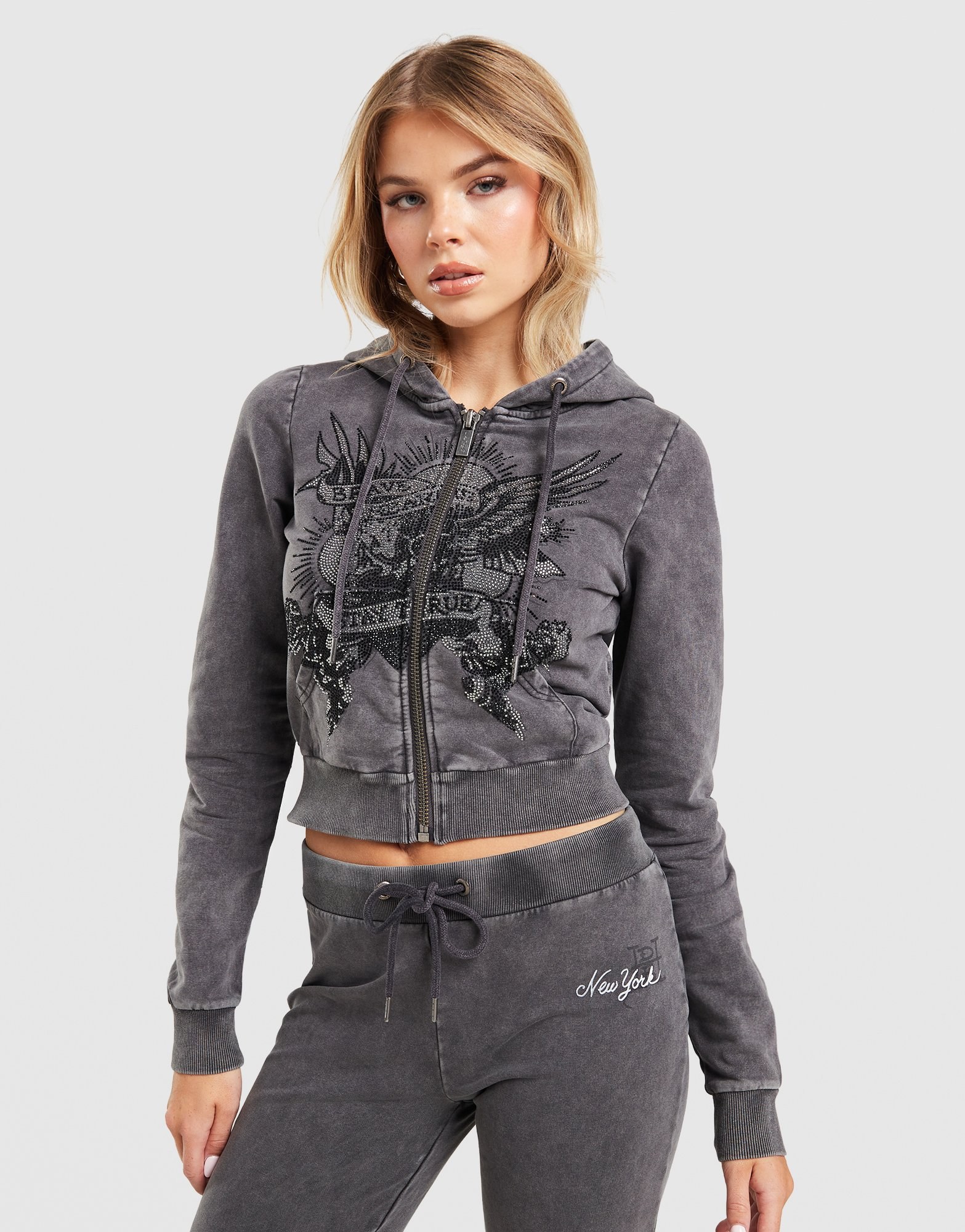 Ed Hardy True Diamante Cropped Full-Zip Hoodie